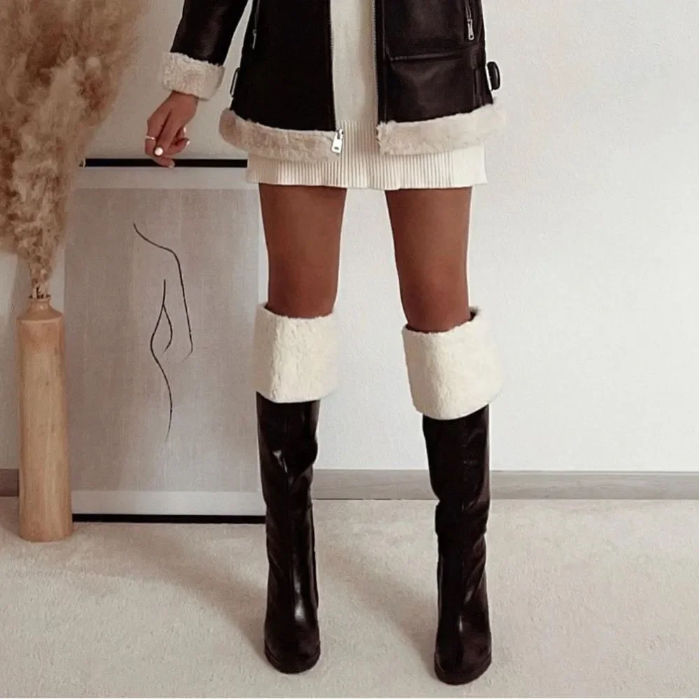 Zara OVER-THE-KNEE LEATHER BOOTS WITH FAUX SHEARLING LINING